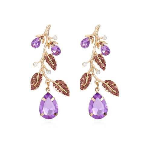 Purple Rhinestone Tree Branch Leaf Drop Earrings Alloy Gold Tone Teardrop Gemstone Vintage Exaggerated Jewelry Women