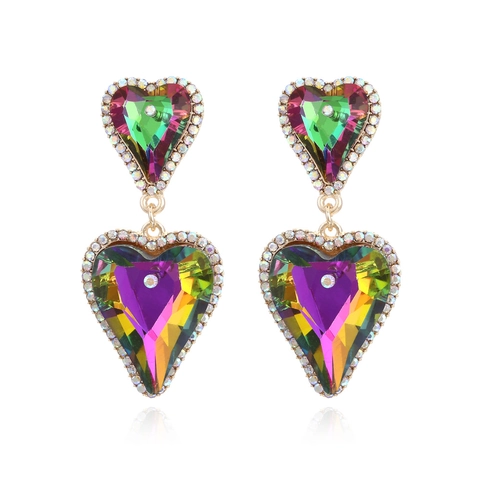 Orecchini Pendenti A Forma Di Cuore Lega Arcobaleno Cristallo AB Strass Pavimentato Lusso Esagerato Per Donne