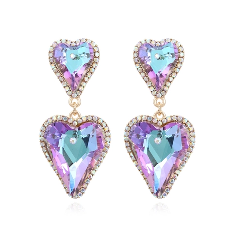 Orecchini Pendenti A Forma Di Cuore Lega Arcobaleno Cristallo AB Strass Pavimentato Lusso Esagerato Per Donne