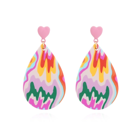 Rosa Herz Polymer Clay Tropfenohrringe Mit Buntem Abstrakten Tropfenanhänger Boho Pop Art Stil Mode Für Frauen