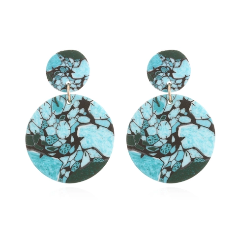 Boucles Oreilles Pendantes Doubles Rondes Géométriques Argile Polymère Imitation Turquoise Texture Marbre Style Rétro Bohème Femmes