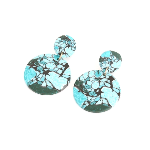 Boucles Oreilles Pendantes Doubles Rondes Géométriques Argile Polymère Imitation Turquoise Texture Marbre Style Rétro Bohème Femmes