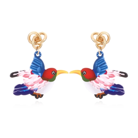 Colorful Bird Drop Earrings Printed Acrylic Zinc Alloy Vivid Flying Hummingbird Boho Artistic Fashion Jewelry Women