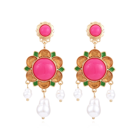 Retro Baroque Floral Drop Earrings With Pink Resin Flower And White Imitation Artificial Pearl Dangle Vintage Alloy Jewelry For Women
