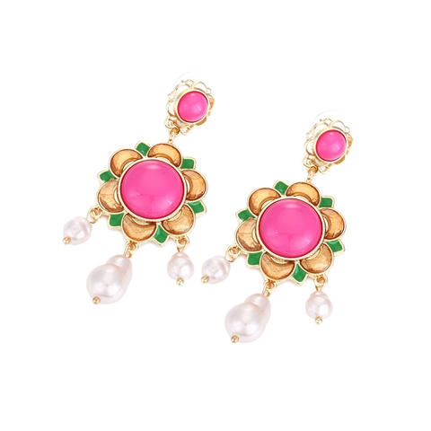 Retro Baroque Floral Drop Earrings With Pink Resin Flower And White Imitation Artificial Pearl Dangle Vintage Alloy Jewelry For Women