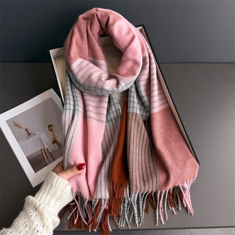 Sciarpa Scialle A Quadretti Blocchi Di Colore Finto Cashmere Poliestere Caldo Inverno Nappine Donna Uomo