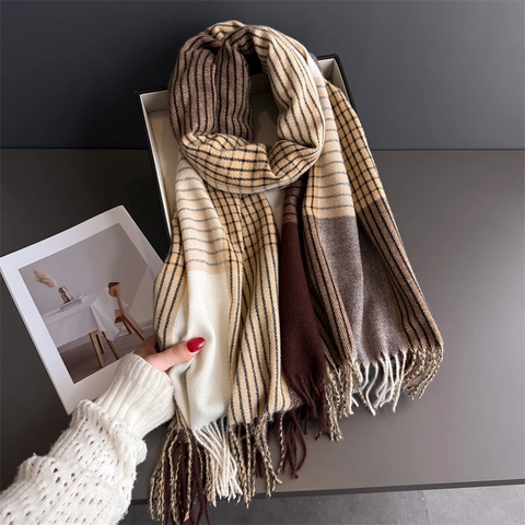 Sciarpa Scialle A Quadretti Blocchi Di Colore Finto Cashmere Poliestere Caldo Inverno Nappine Donna Uomo
