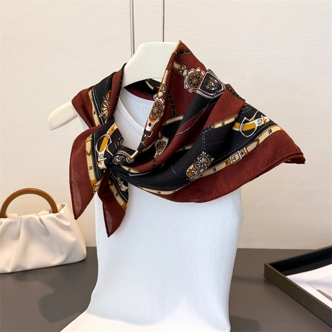 Women Square Scarf Elegant Equestrian Horse Bit Chain Print Polyester Satin Retro French Style Bandana Neck Scarf