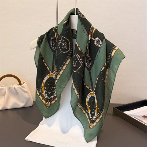 Women Square Scarf Elegant Equestrian Horse Bit Chain Print Polyester Satin Retro French Style Bandana Neck Scarf