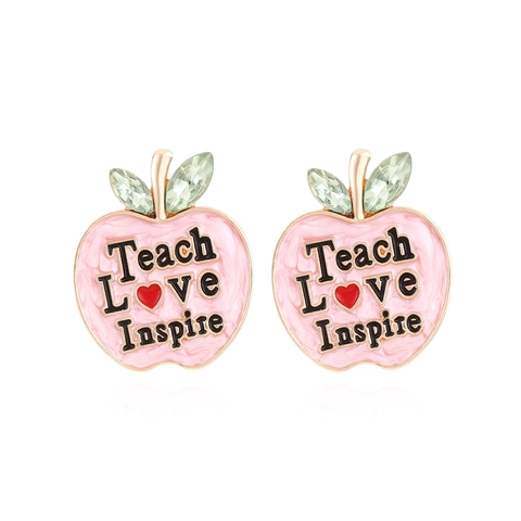 Pendientes De Manzana Aleación Esmalte Teach Love Inspire Texto Strass Corazón Dulce Joyería Frutas Regalo Profesor