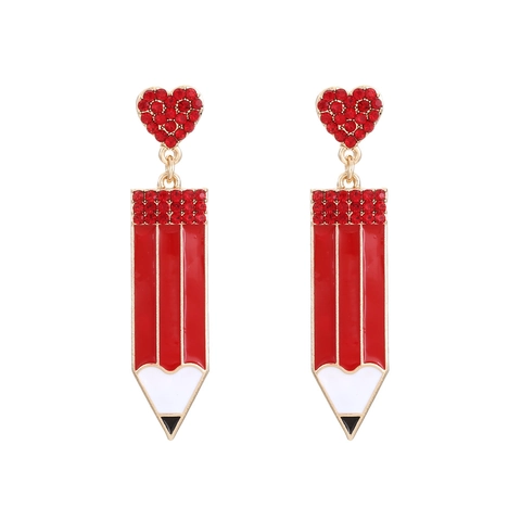 Bleistift Ohrhänger Herzförmiger Stecker Emaille Legierung Strass Übertriebene Lange Tropfen Schmuck Für Frauen
