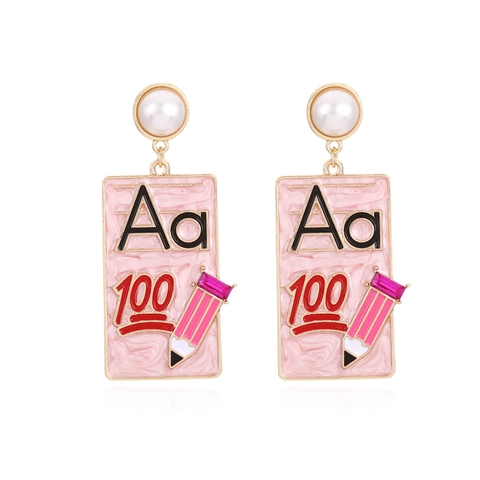 Orecchini Pendenti Novità Tema Scolastico Lega Smalto Perla Artificial Lettera Aa Numero 100 Motivo Matita Gioielli Per Donne