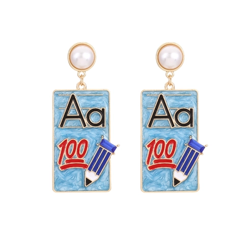 Orecchini Pendenti Novità Tema Scolastico Lega Smalto Perla Artificial Lettera Aa Numero 100 Motivo Matita Gioielli Per Donne