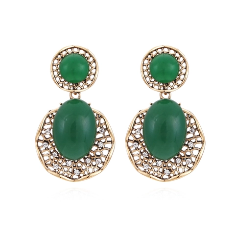 Pendientes Colgantes De Resina Verde Esmeralda Vintage Con Filigrana De Aleación Hueca Dorada Y Diamantes De Imitación Para Mujeres