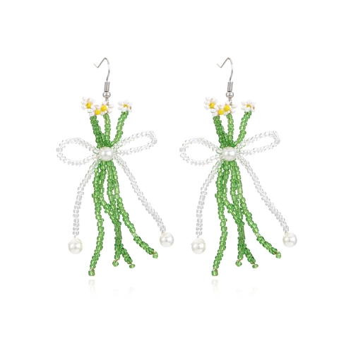 Boucles Oreilles Longues Künstliche Perles Faites Main Fleur Marguerite Nœud Frange Imitation Künstliche Perle Style Pastoral Femmes