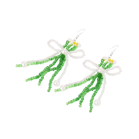 Boucles Oreilles Longues Künstliche Perles Faites Main Fleur Marguerite Nœud Frange Imitation Künstliche Perle Style Pastoral Femmes