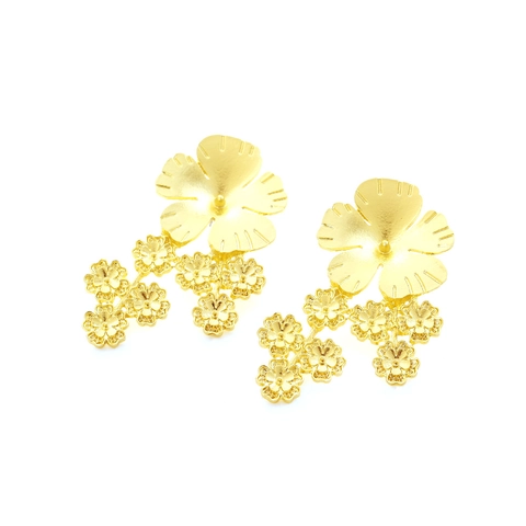 Golden Matte Zinc Alloy Multi Layer Flower Dangle Earrings Retro Statement Daisy Jewelry For Women