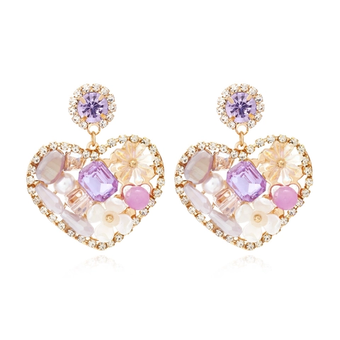 Orecchini Pendenti Cuore Lega Zinco Cristallo Strass Fiore Multistrato Colorato Vintage Esagerato Gioielli Per Donna