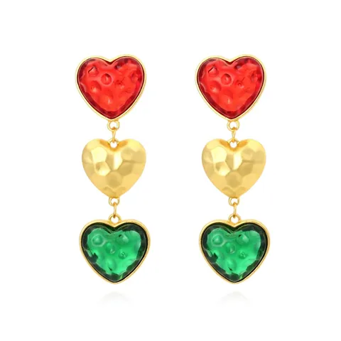 Retro Palace Style Triple Heart Dangle Earrings Vintage Hammered Texture Multi Color Resin Alloy Jewelry For Women