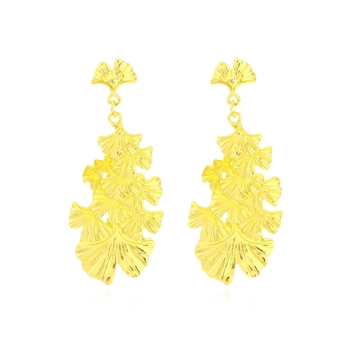 Vintage Golden Gingko Leaf Drop Earrings Multi Layer Textured Zinc Alloy Nature Inspired Statement Dangle For Women