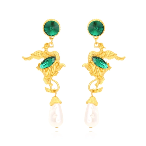 Vintage Court Style Dragon Phoenix Drop Earrings With Green Glass Crystals And Teardrop Imitation Artificial Pearls For Women