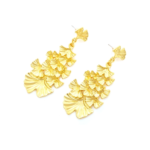 Vintage Golden Gingko Leaf Drop Earrings Multi Layer Textured Zinc Alloy Nature Inspired Statement Dangle For Women