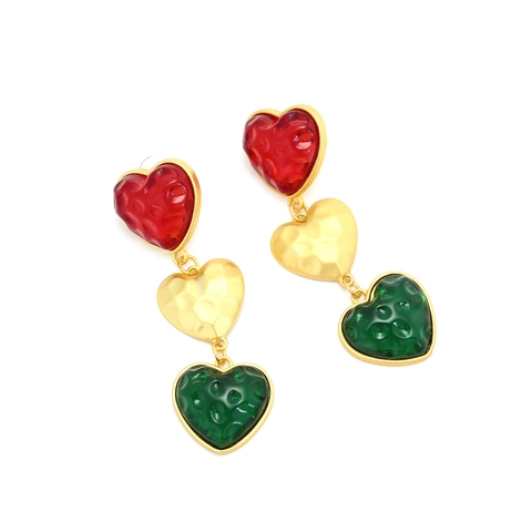 Retro Palace Style Triple Heart Dangle Earrings Vintage Hammered Texture Multi Color Resin Alloy Jewelry For Women