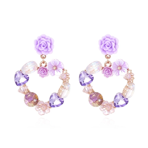 Heart Flower Drop Earrings Purple Crystal Resin Floral Sweet Vintage Style For Women With Silver Earring Post