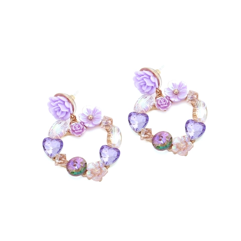 Heart Flower Drop Earrings Purple Crystal Resin Floral Sweet Vintage Style For Women With Silver Earring Post