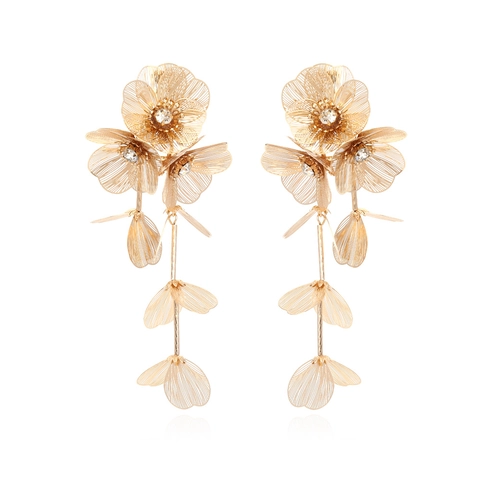 Boucles D'oreilles Longues À Pampilles Fleurs En Maille Métallique Exagérées Strass Incrusté Luxe Vintage Floral Pour Femmes