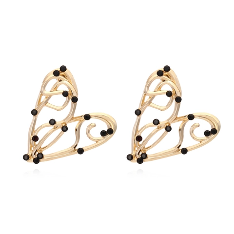 Retro Ausgehöhlte Herz Ohrstecker Mit Schwarzen Strasssteinen Goldfarbene Zinklegierung Übertriebener Vintage Stil Damen