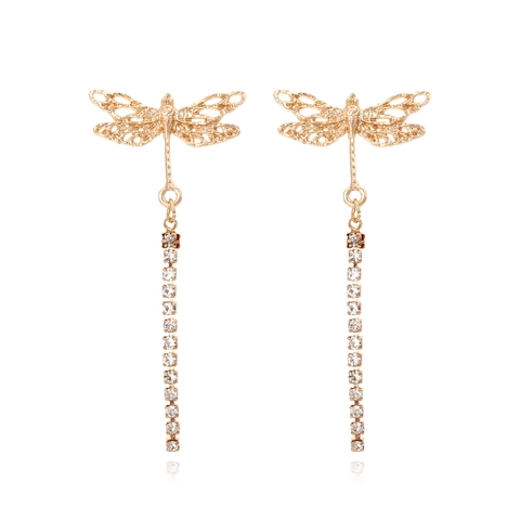 Vintage Gold Dragonfly Tassel Drop Earrings For Women Hollow Wings Elegant Rhinestone Dangle Jewelry Accessory
