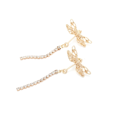 Vintage Gold Dragonfly Tassel Drop Earrings For Women Hollow Wings Elegant Rhinestone Dangle Jewelry Accessory