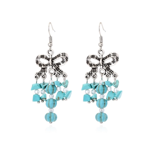 Bohemian Drop Earrings Antique Silver Zinc Alloy Bow Shape Synthetic Turquoise Imitation Artificial Pearl Long Tassel Ethnic Women