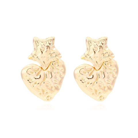 Gold Star And Heart Drop Earrings Hammered Textured Zinc Alloy Metal Vintage Statement Jewelry For Women