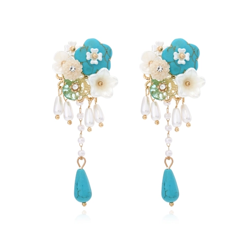 Pendientes Colgantes De Flores Con Borlas Perlas Artificiales Artificiales Y Flores De Resina Turquesa Estilo Palacio Para Mujer