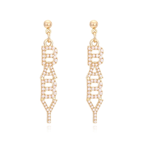 Baby Letter Dangle Earrings Gold Alloy Imitation Artificial Pearl Rhinestone Inlaid Vertical Alphabet Trendy Jewelry Women