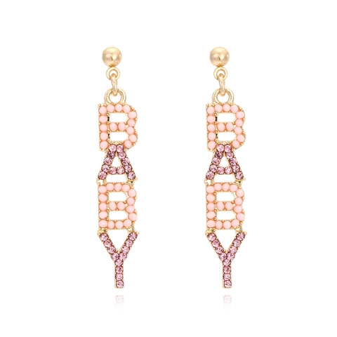 Baby Letter Dangle Earrings Gold Alloy Imitation Artificial Pearl Rhinestone Inlaid Vertical Alphabet Trendy Jewelry Women