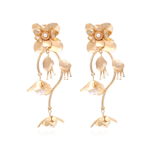Retro Multi Layer Metal Flower Leaf Tassel Dangle Earrings With Imitation Artificial Pearl Elegant Statement Jewelry For Women