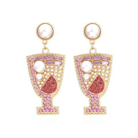 Kreative Cocktail Weinglas Ohrhänger Goldlegierung Bunte Strasssteine Künstliche Perlenimitation Party Schmuck Für Damen