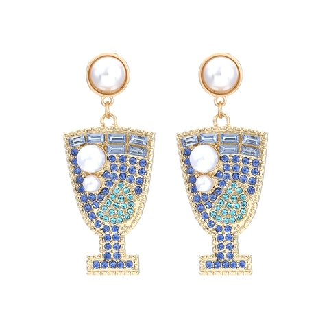 Kreative Cocktail Weinglas Ohrhänger Goldlegierung Bunte Strasssteine Künstliche Perlenimitation Party Schmuck Für Damen