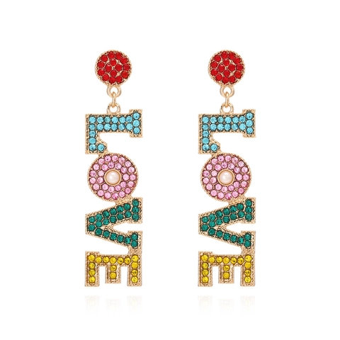 Pendientes Colgantes Letra LOVE Aleación Pedrería Colorida Perla Artificial De Imitación Vertical Moda Personalidad Para Mujeres