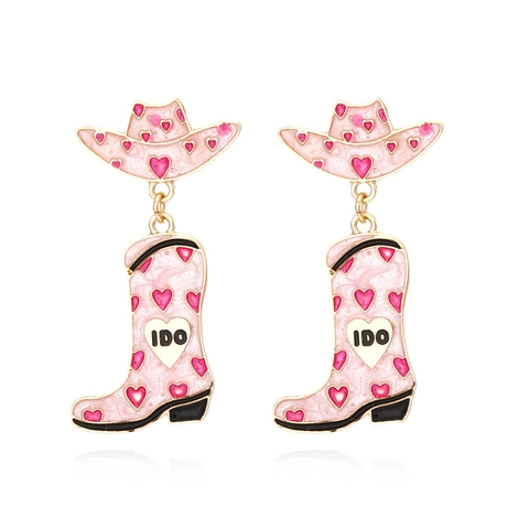 Pendientes Colgantes De Sombrero Y Bota De Vaquero Occidental Aleación Esmalte Corazón Motivo I DO Con Poste De Acero Inoxidable