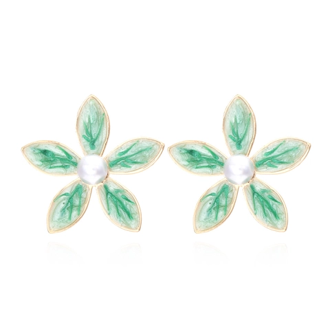 Enamel Flower Stud Earrings With Faux Artificial Pearl Zinc Alloy Floral Petal Leaf Pastoral Jewelry Women Elegant