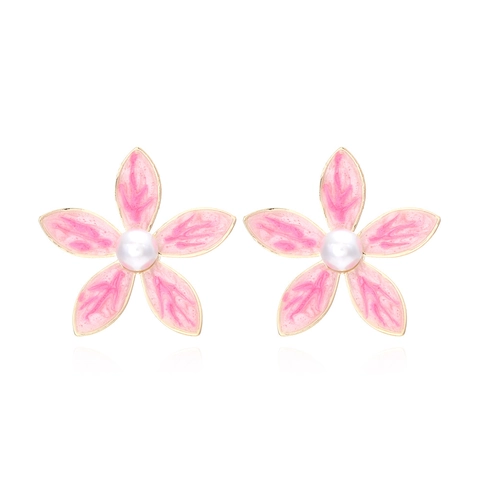 Enamel Flower Stud Earrings With Faux Artificial Pearl Zinc Alloy Floral Petal Leaf Pastoral Jewelry Women Elegant