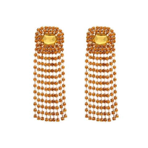 Luxurious Tassel Drop Earrings Colorful Rhinestone Fringe Long Dangle Gold Alloy Vintage Party Glamorous For Women