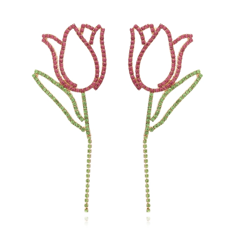Tulip Flower Dangle Earrings Alloy Multi Color Rhinestone Long Tassel Sparkling Luxury Fashion Jewelry For Women