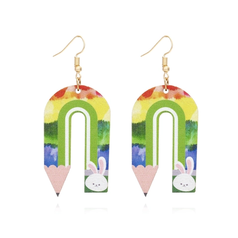 Hase Kaninchen Holz Ohrhänger Neuheit U-Förmig Bleistift Bedruckt Bunt Ostern Schmuck Für Damen