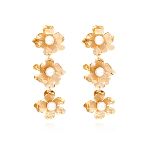 Orecchini Lunghi A Fiori Sovrapposti Tonalità Oro Metallo Floreale Con Imitazione Perla Artificial Elegante Vintage Da Donna