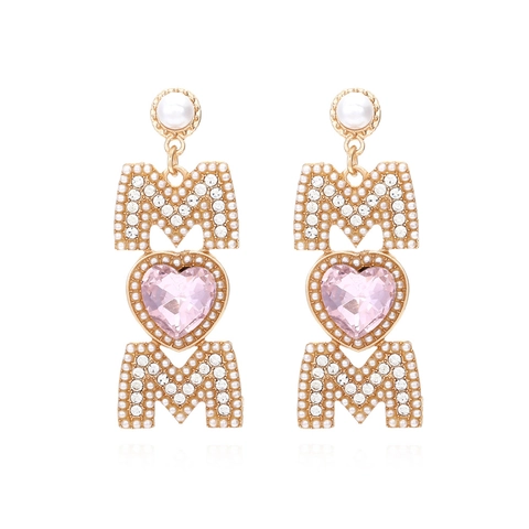 Orecchini Pendenti Mamma Cuore Lettera Lega Zinco Strass Imitazione Perla Artificial Verticale Regalo Festa Della Mamma Elegante Donna Moda